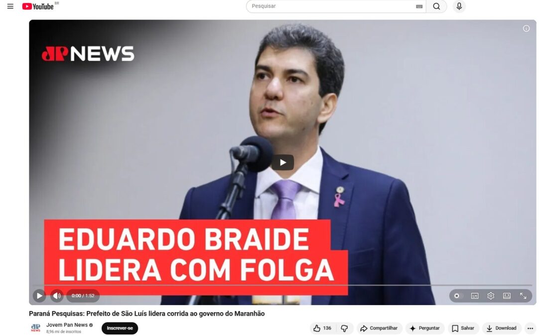 Jovem Pan News cita pesquisa realizada pela Paraná Pesquisas no Estado do Maranhão.