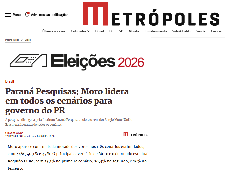 Metrópoles cita pesquisa realizada pela Paraná Pesquisas no Estado do Paraná.