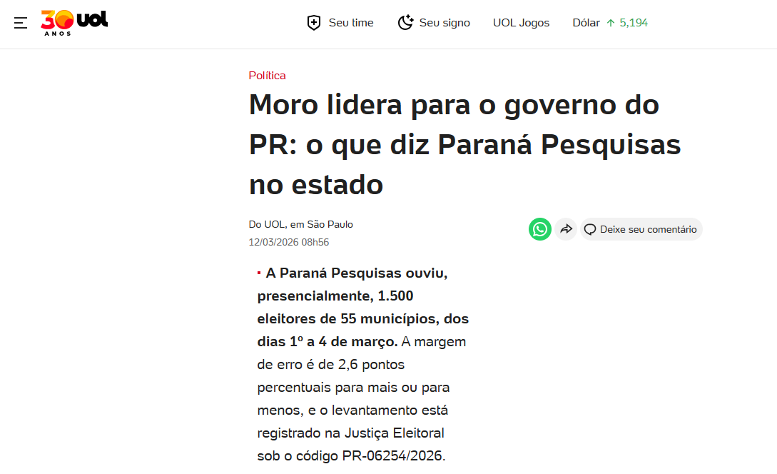UOL Notícias cita pesquisa realizada pela Paraná Pesquisas no Estado do Paraná. 2 UOL Notícias cita pesquisa realizada pela Paraná Pesquisas no Estado do Paraná.