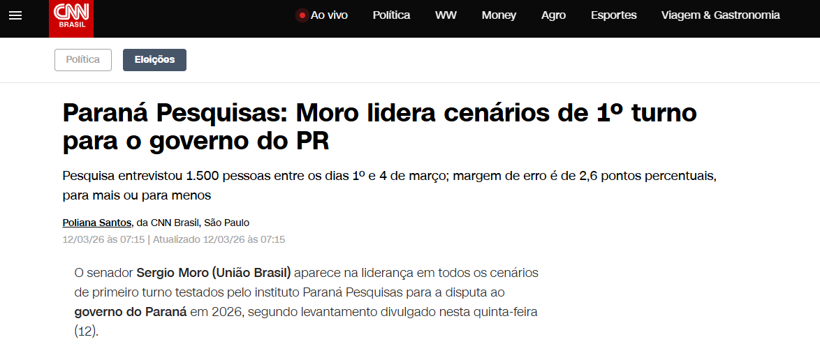 CNN Brasil cita pesquisa realizada pela Paraná Pesquisas no Estado do Paraná.