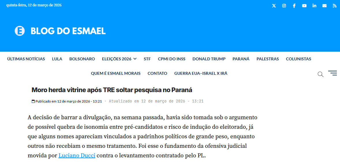 Blog do Esmael cita pesquisa realizada pela Paraná Pesquisas no Estado do Paraná.