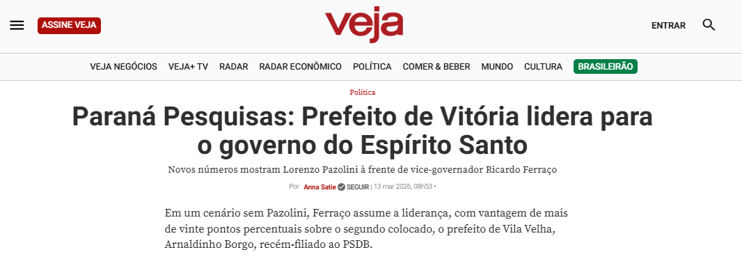 Veja cita pesquisa realizada pela Paraná Pesquisas no Estado do Espírito Santo.
