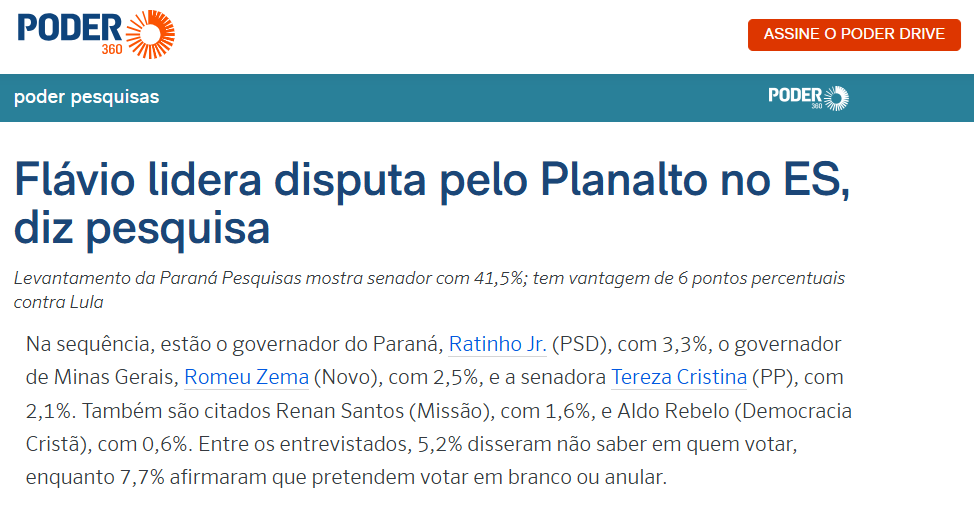 Poder 360 cita pesquisa realizada pela Paraná Pesquisas no Estado do Espírito Santo.