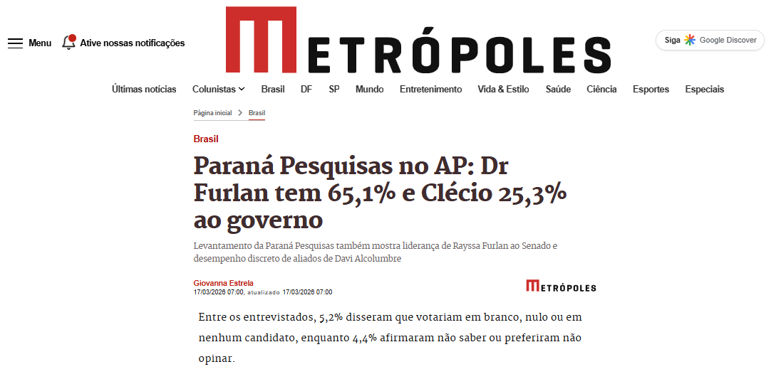 Metrópoles cita pesquisa realizada pela Paraná Pesquisas no Estado do Amapá.