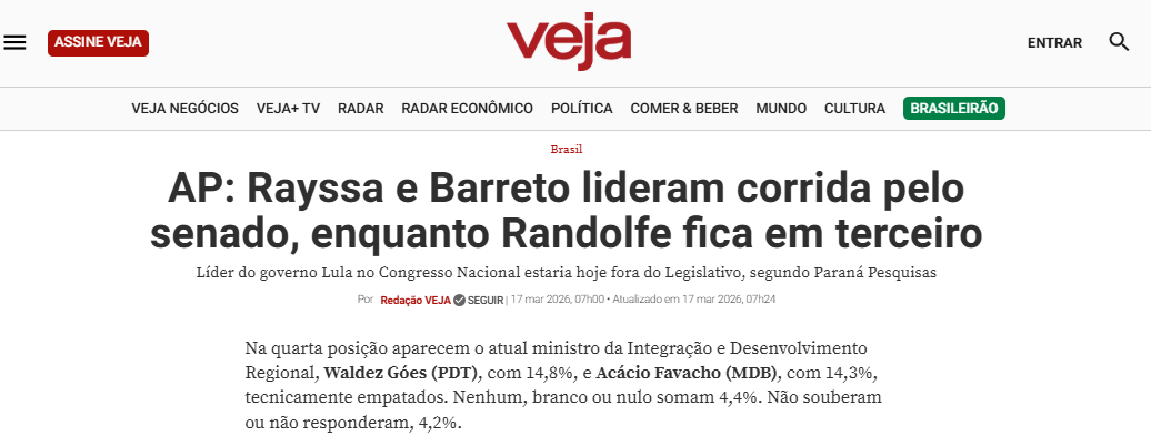 Veja cita pesquisa realizada pela Paraná Pesquisas no Estado do Amapá.