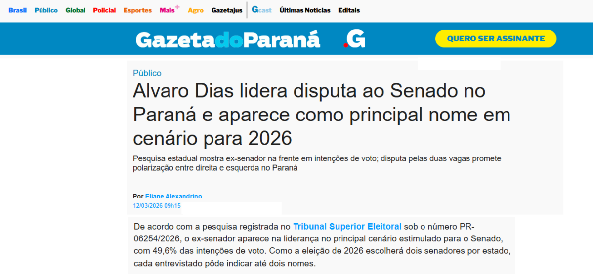 Gazeta do Paraná cita pesquisa realizada pela Paraná Pesquisas no Estado do Paraná.