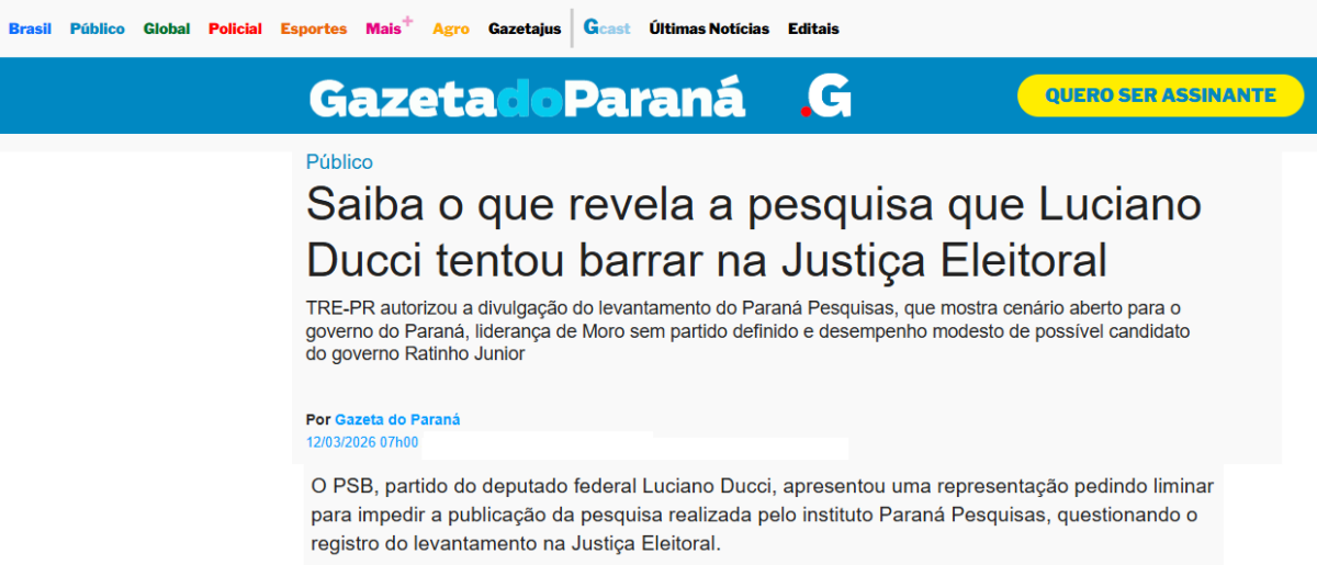 Gazeta do Paraná cita pesquisa realizada pela Paraná Pesquisas no Estado do Paraná.