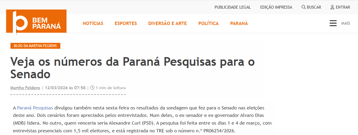 Bem Paraná cita pesquisa realizada pela Paraná Pesquisas no Estado do Paraná. 2 Bem Paraná cita pesquisa realizada pela Paraná Pesquisas no Estado do Paraná.