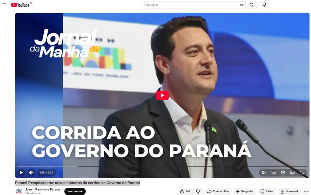 Jovem Pan News Paraná cita pesquisa realizada pela Paraná Pesquisas no Estado do Paraná.