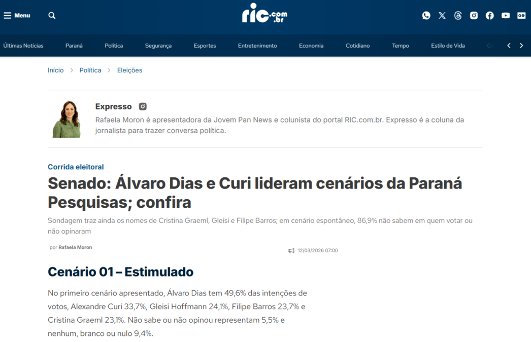 RIC cita pesquisa realizada pela Paraná Pesquisas no Estado do Paraná. 2 RIC cita pesquisa realizada pela Paraná Pesquisas no Estado do Paraná.