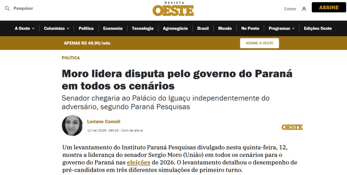 Revista Oeste cita pesquisa realizada pela Paraná Pesquisas no Estado do Paraná.