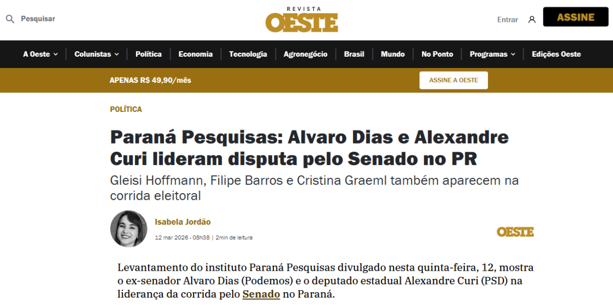 Revista Oeste cita pesquisa realizada pela Paraná Pesquisas no Estado do Paraná.