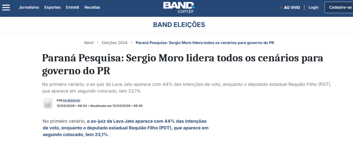 Band cita pesquisa realizada pela Paraná Pesquisas no Estado do Paraná.