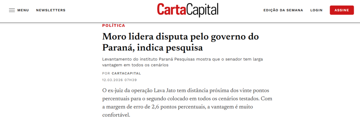 Carta Capital cita pesquisa realizada pela Paraná Pesquisas no Estado do Paraná. 2 Carta Capital cita pesquisa realizada pela Paraná Pesquisas no Estado do Paraná.