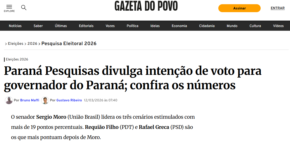 Gazeta do Povo cita pesquisa realizada pela Paraná Pesquisas no Estado do Paraná.