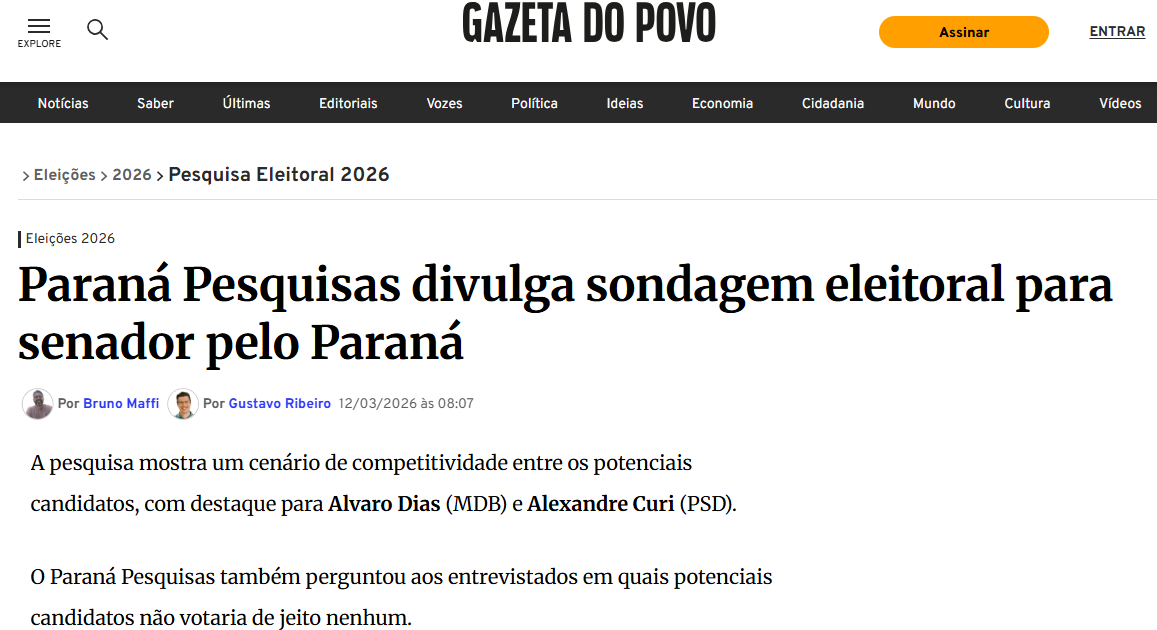 Gazeta do Povo cita pesquisa realizada pela Paraná Pesquisas no Estado do Paraná. 2 Gazeta do Povo cita pesquisa realizada pela Paraná Pesquisas no Estado do Paraná.