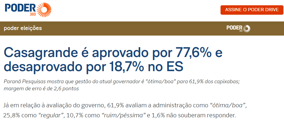 Poder 360 cita pesquisa realizada pela Paraná Pesquisas no Estado do Espírito Santo.