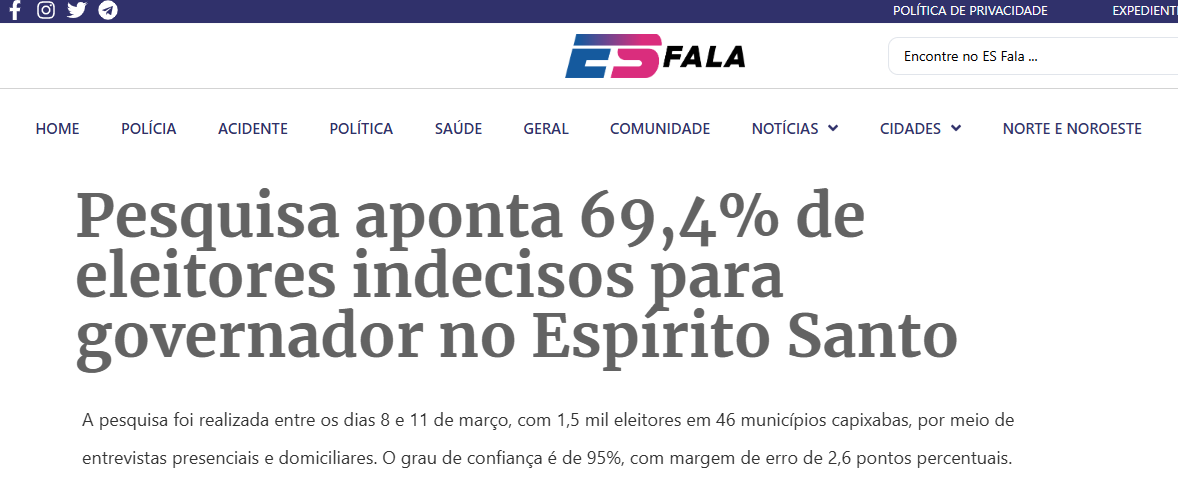 ES Fala cita pesquisa realizada pela Paraná Pesquisas no Estado do Espírito Santo.