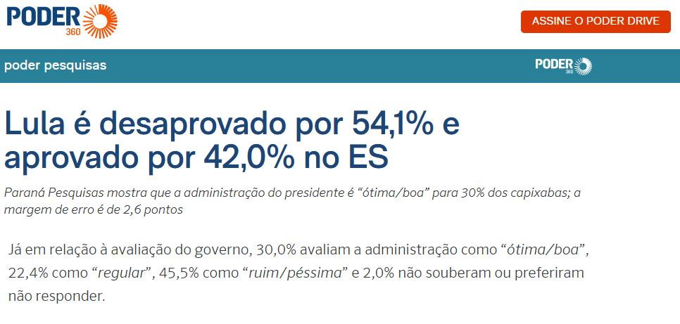 Poder 360 cita pesquisa realizada pela Paraná Pesquisas no Estado do Espírito Santo.