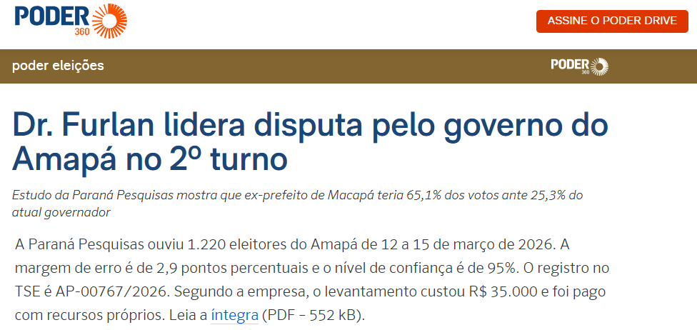 Poder 360 cita pesquisa realizada pela Paraná Pesquisas no Estado do Amapá. 2 Poder 360 cita pesquisa realizada pela Paraná Pesquisas no Estado do Amapá.