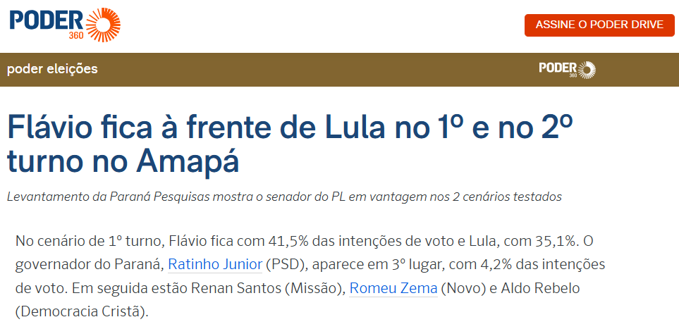 Poder 360 cita pesquisa realizada pela Paraná Pesquisas no Estado do Amapá. 2 Poder 360 cita pesquisa realizada pela Paraná Pesquisas no Estado do Amapá.