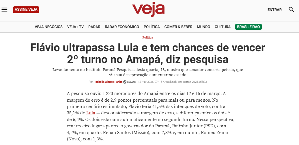 Veja cita pesquisa realizada pela Paraná Pesquisas no Estado do Amapá.