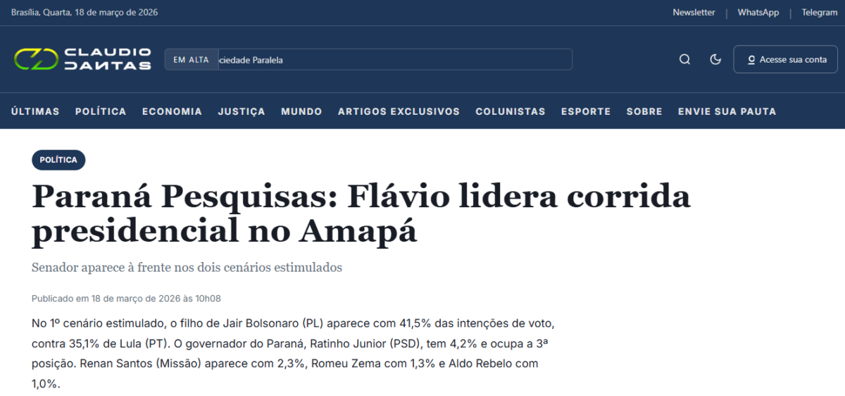 Blog Claudio Dantas cita pesquisa realizada pela Paraná Pesquisas no Estado do Amapá. 2 Blog Claudio Dantas cita pesquisa realizada pela Paraná Pesquisas no Estado do Amapá.