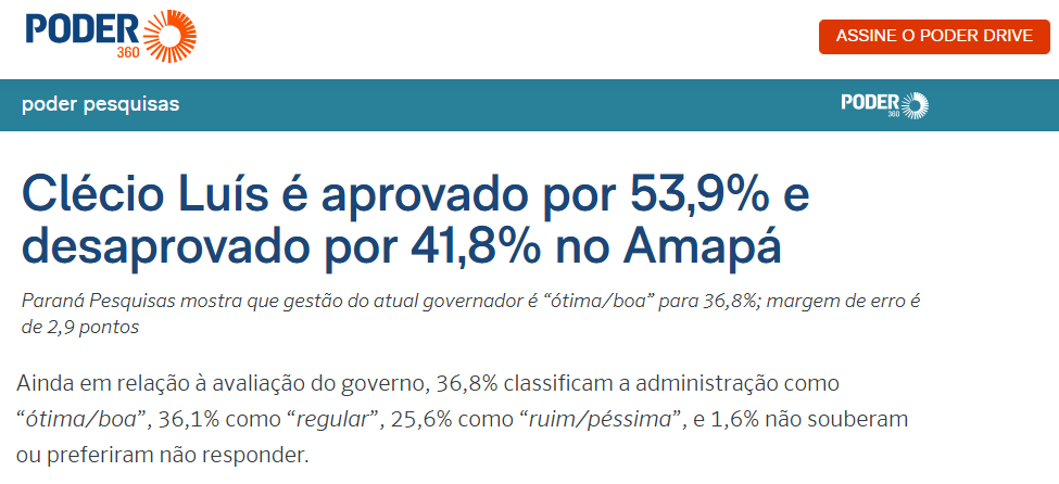 Poder 360 cita pesquisa realizada pela Paraná Pesquisas no Estado do Amapá. 2 Poder 360 cita pesquisa realizada pela Paraná Pesquisas no Estado do Amapá.