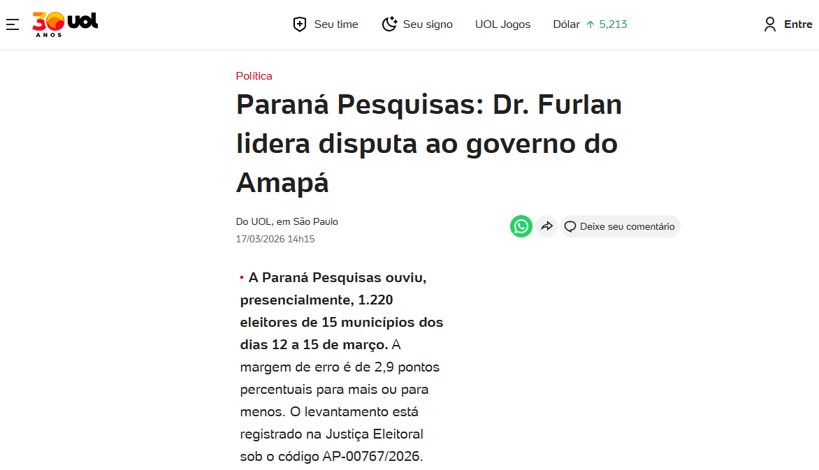 UOL Notícias cita pesquisa realizada pela Paraná Pesquisas no Estado do Amapá.