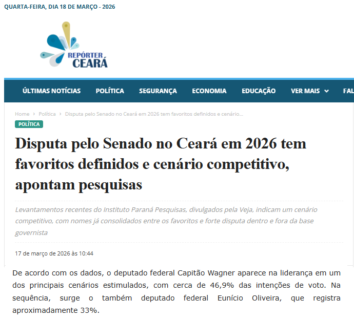 Repórter Ceará cita pesquisa realizada pela Paraná Pesquisas no Estado do Amapá.