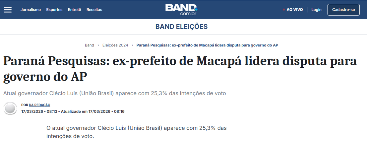 Band cita pesquisa realizada pela Paraná Pesquisas no Estado do Amapá.