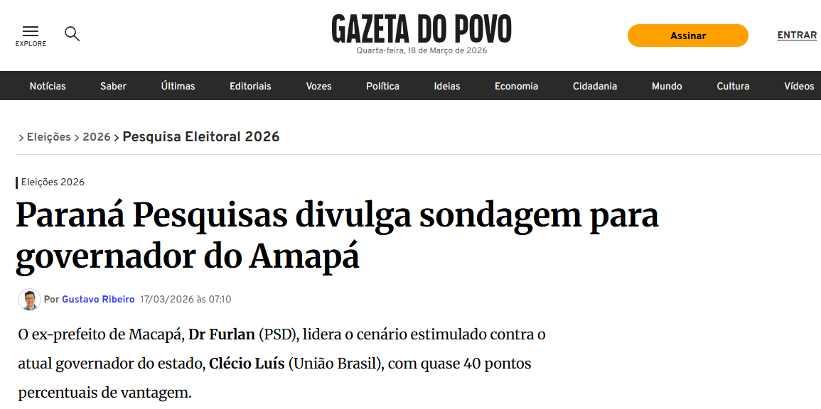 Gazeta do Povo cita pesquisa realizada pela Paraná Pesquisas no Estado do Amapá. 2 Gazeta do Povo cita pesquisa realizada pela Paraná Pesquisas no Estado do Amapá.