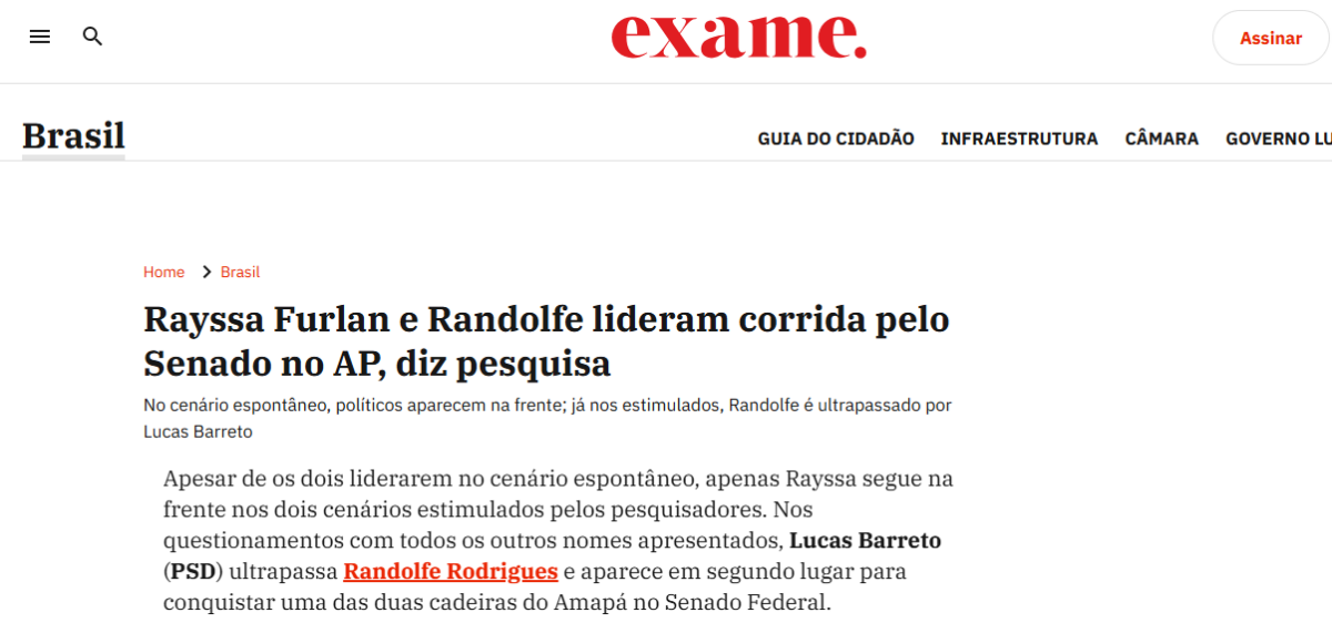 Exame cita pesquisa realizada pela Paraná Pesquisas no Estado do Amapá. 2 Exame cita pesquisa realizada pela Paraná Pesquisas no Estado do Amapá.