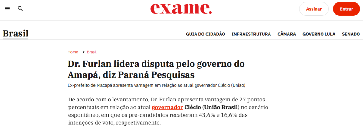 Exame cita pesquisa realizada pela Paraná Pesquisas no Estado do Amapá.