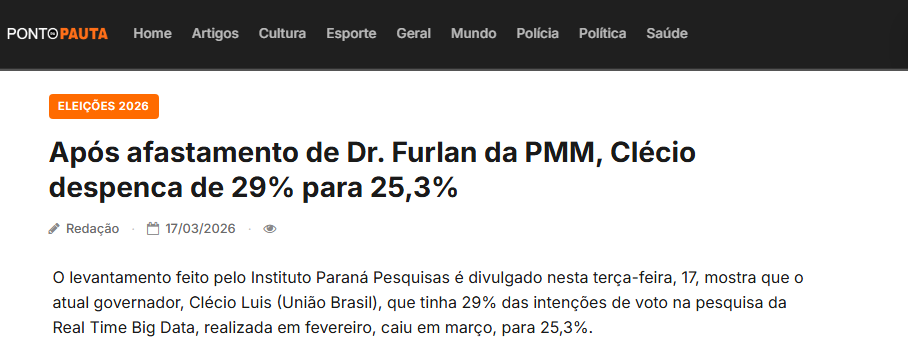 Ponto da Pauta cita pesquisa realizada pela Paraná Pesquisas no Estado do Amapá.