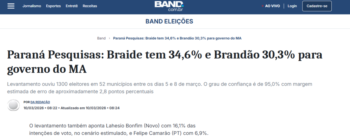 Band cita pesquisa realizada pela Paraná Pesquisas no Estado do Maranhão.