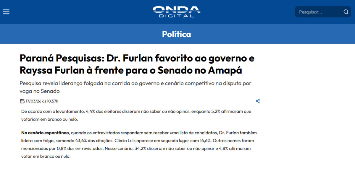 Onda Digital cita pesquisa realizada pela Paraná Pesquisas no Estado do Amapá.