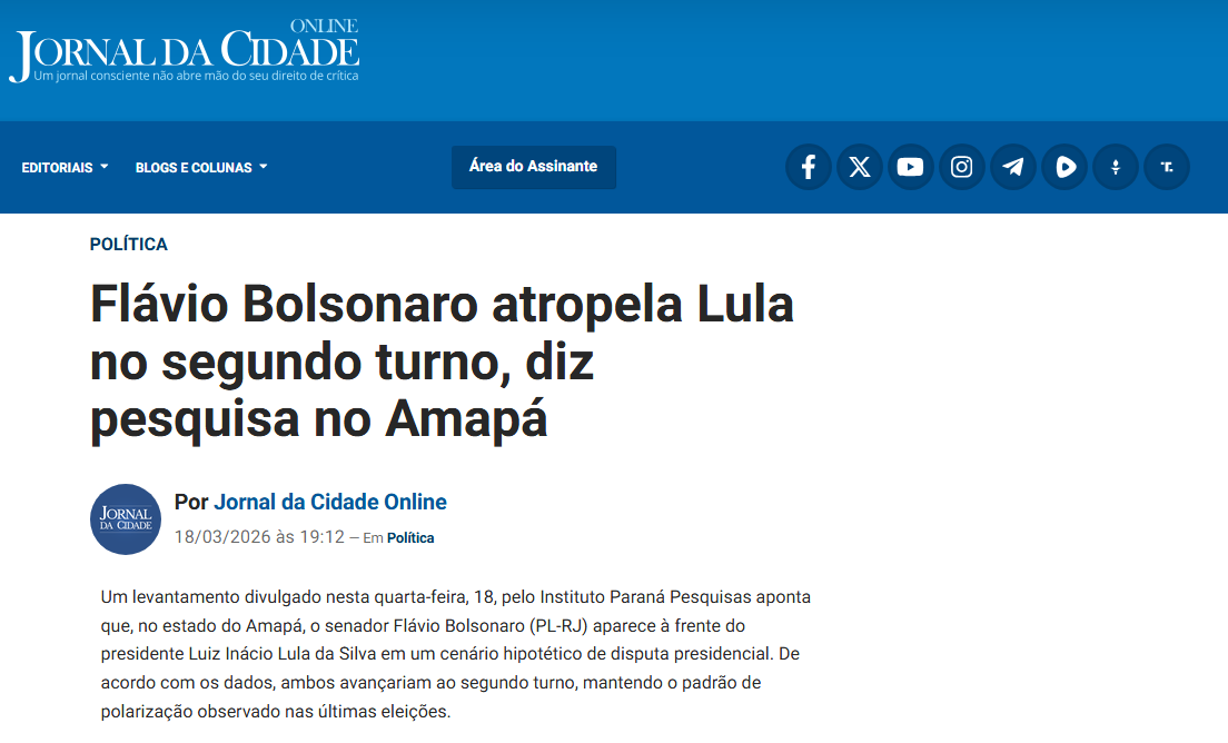 Jornal da Cidade cita pesquisa realizada pela Paraná Pesquisas no Estado do Amapá.