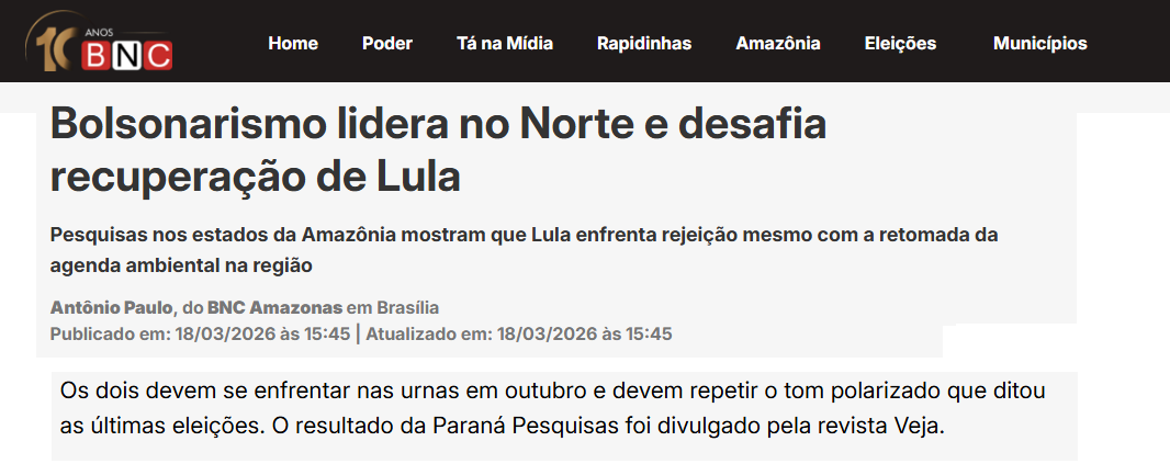 BNC Amazonas cita pesquisa realizada pela Paraná Pesquisas no Estado do Amapá.
