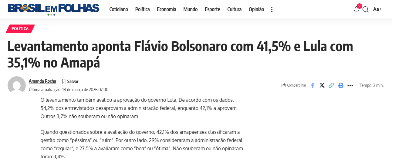 Brasil em Folhas cita pesquisa realizada pela Paraná Pesquisas no Estado do Amapá. 1 Brasil em Folhas cita pesquisa realizada pela Paraná Pesquisas no Estado do Amapá.