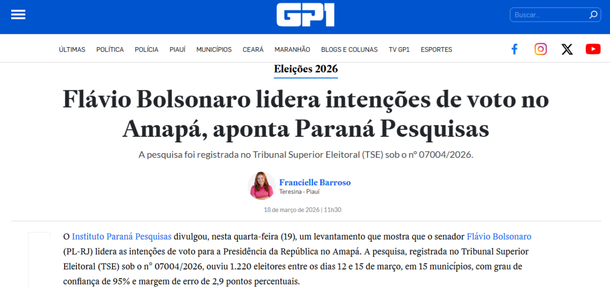 GP1 cita pesquisa realizada pela Paraná Pesquisas no Estado do Amapá. 2 GP1 cita pesquisa realizada pela Paraná Pesquisas no Estado do Amapá.