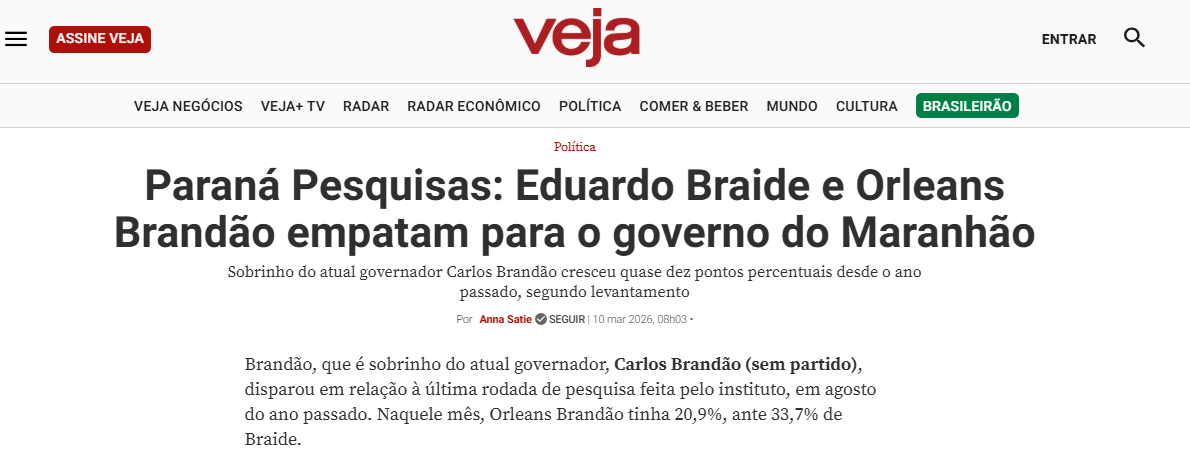Veja cita pesquisa realizada pela Paraná Pesquisas no Estado do Maranhão.