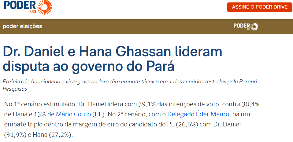 Poder 360 cita pesquisa realizada pela Paraná Pesquisas no Estado do Pará.