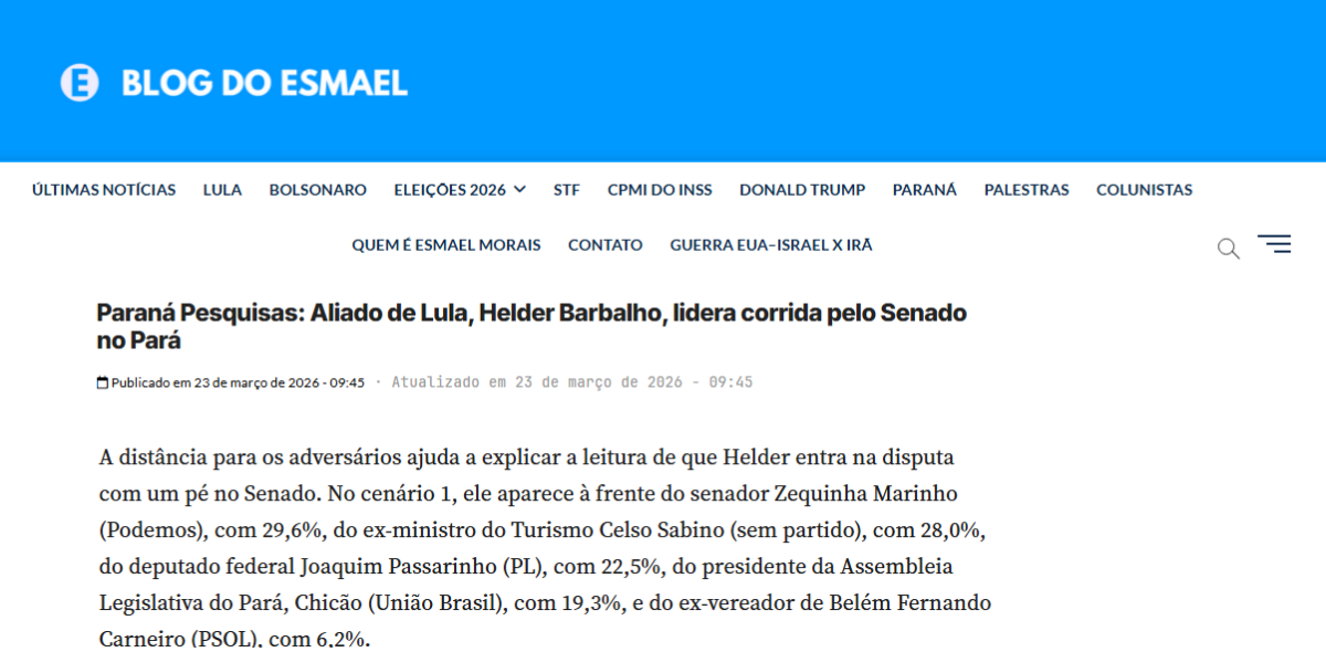 Blog do Esmael cita pesquisa realizada pela Paraná Pesquisas no Estado do Pará.
