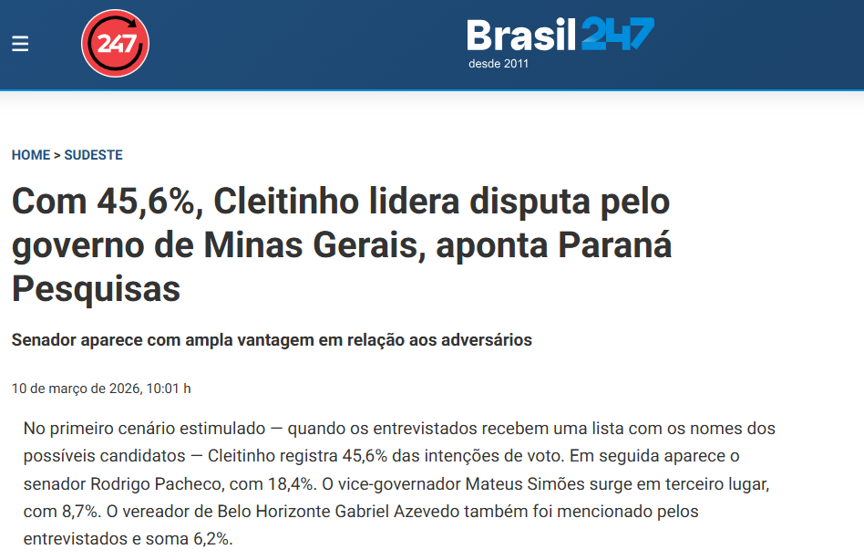 Brasil 247 cita pesquisa realizada pela Paraná Pesquisas no Estado de Minas Gerais.