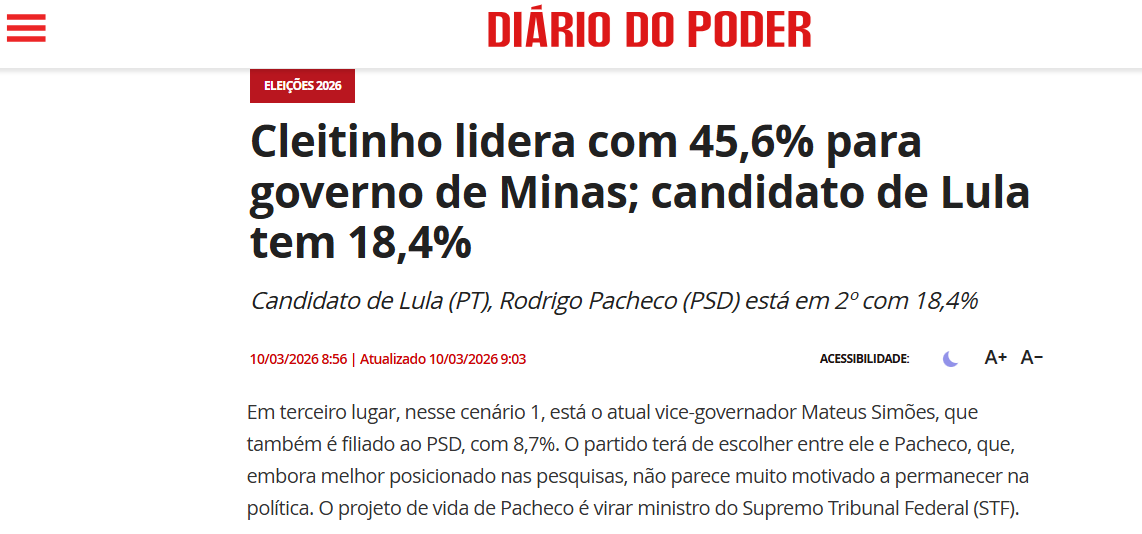 Diário do Poder cita pesquisa realizada pela Paraná Pesquisas no Estado de Minas Gerais. 2 Diário do Poder cita pesquisa realizada pela Paraná Pesquisas no Estado de Minas Gerais.