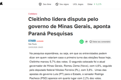 UOL Notícias cita pesquisa realizada pela Paraná Pesquisas no Estado de Minas Gerais.
