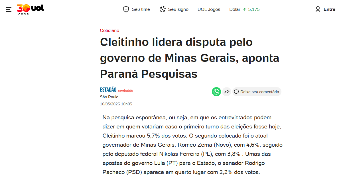 UOL Notícias cita pesquisa realizada pela Paraná Pesquisas no Estado de Minas Gerais. 2 UOL Notícias cita pesquisa realizada pela Paraná Pesquisas no Estado de Minas Gerais.