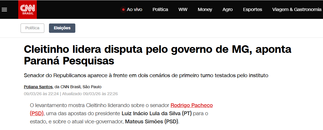 CNN Notícias cita pesquisa realizada pela Paraná Pesquisas no Estado de Minas Gerais.
