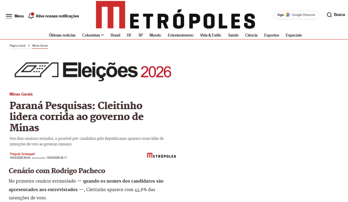 Metrópoles cita pesquisa realizada pela Paraná Pesquisas no Estado de Minas Gerais.